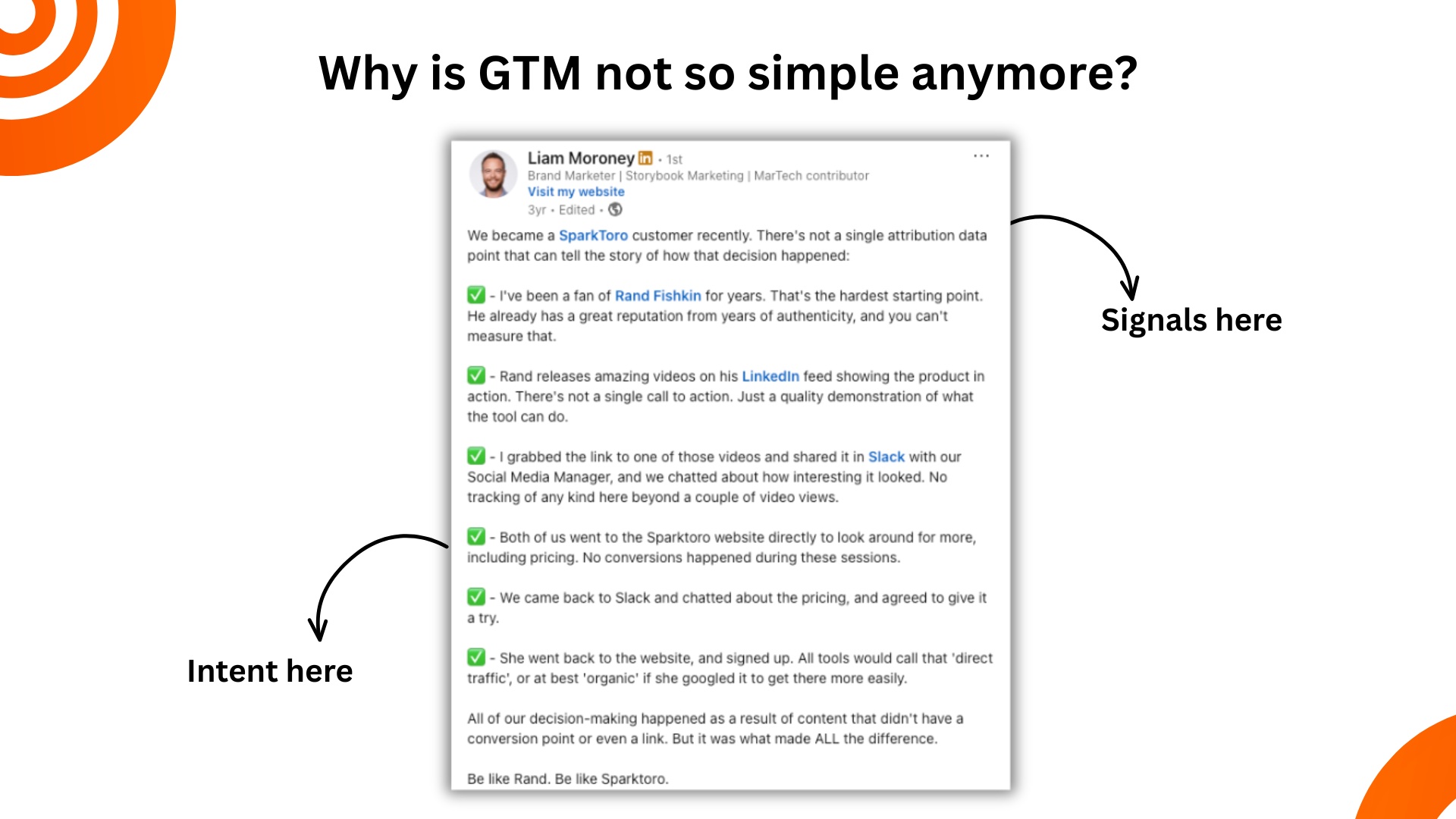 Why is GTM not so simple anymore? Liam Moroney's LinkedIn post about buying SparkToro, annotated with where the signals live and where the intent lives.